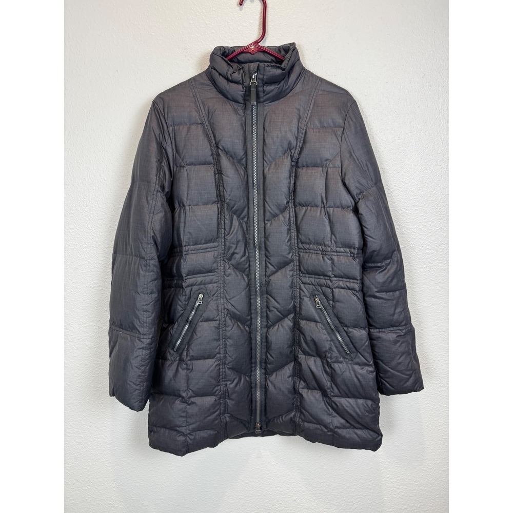 Prana Devan Down Jacket Womens L Gray Mid Length Full Zip Quilted Puffer